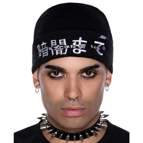 Killstar Follow Me Into The Dark Beanie – Black Acrylic Knit, White Logo Unisex - Picture 1 of 5